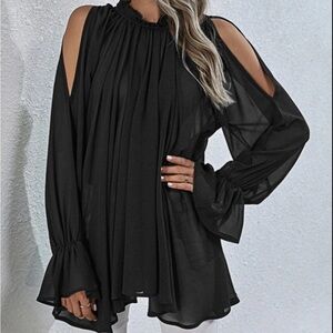 Fashion Cold Shoulder Chiffon Ruffle Flared Sleeve Dressy Top